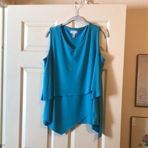 Susan Graver Sleeveless Layered V-Neck Top in Bright Teal/Turquoise Size L
